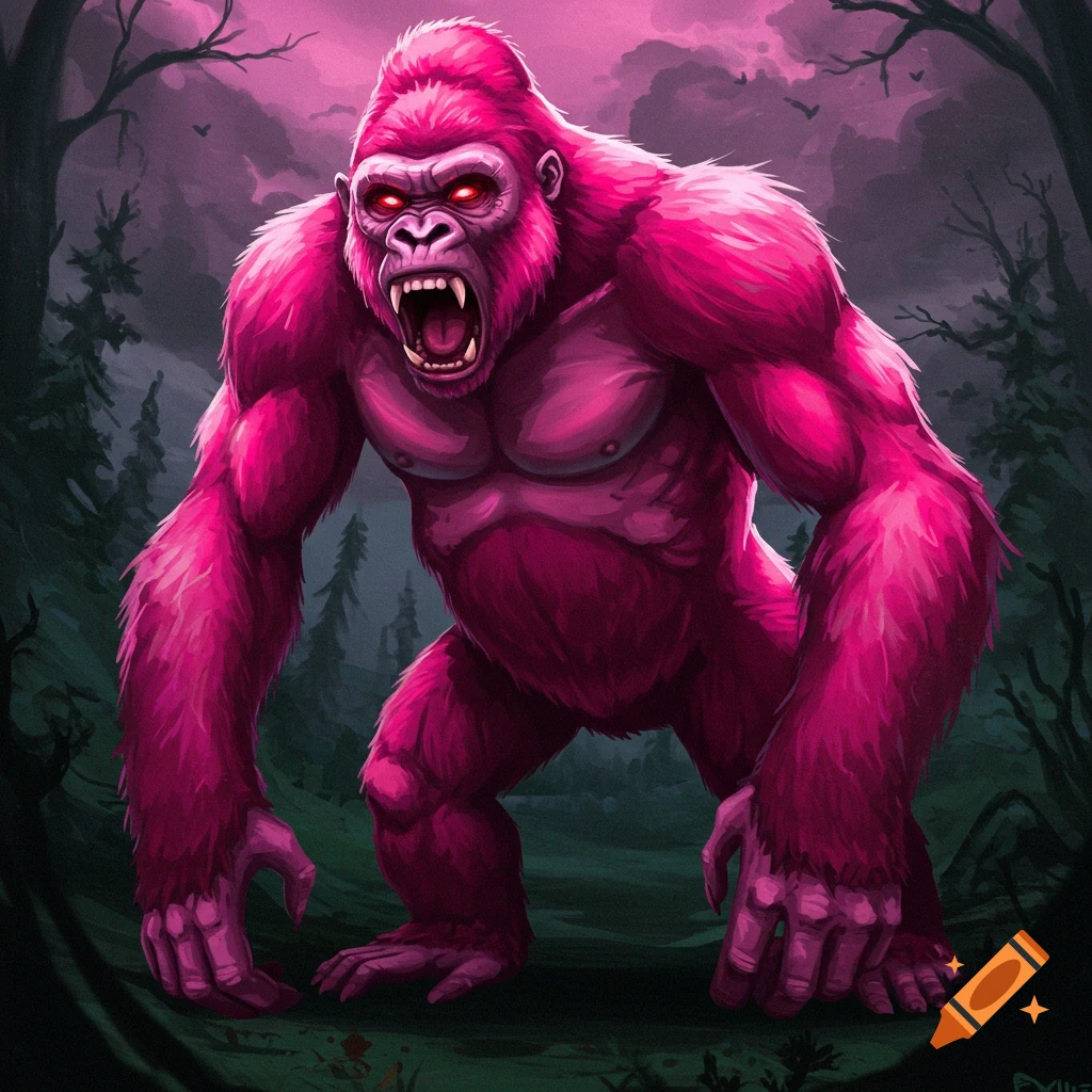 A terrifying pink gorilla with red eyes roaring in a dark forest.