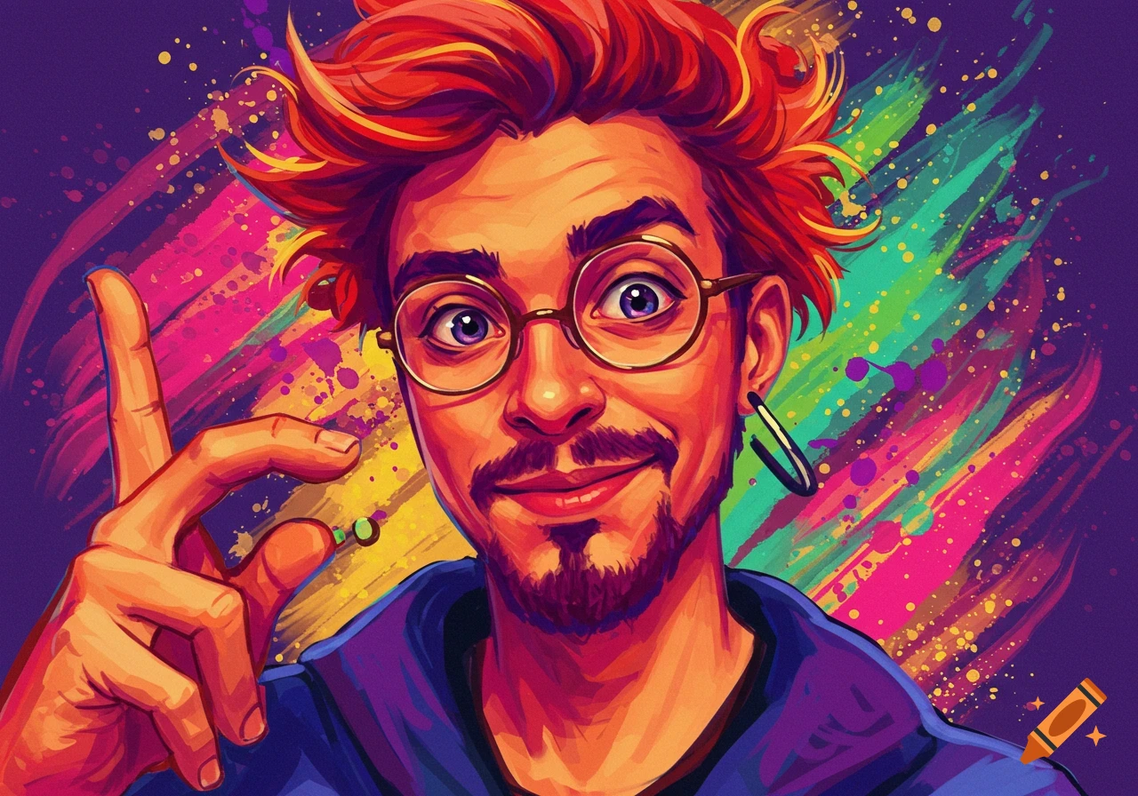 Vibrant image of a person with red hair, glasses, and goatee against a colorful abstract background.
