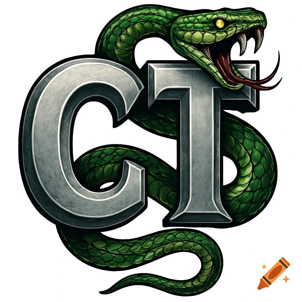 Detailed illustration of a green snake coiled around metallic letters CT.