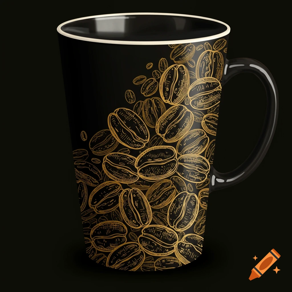 A black coffee cup with a gold drawing of coffee beans.