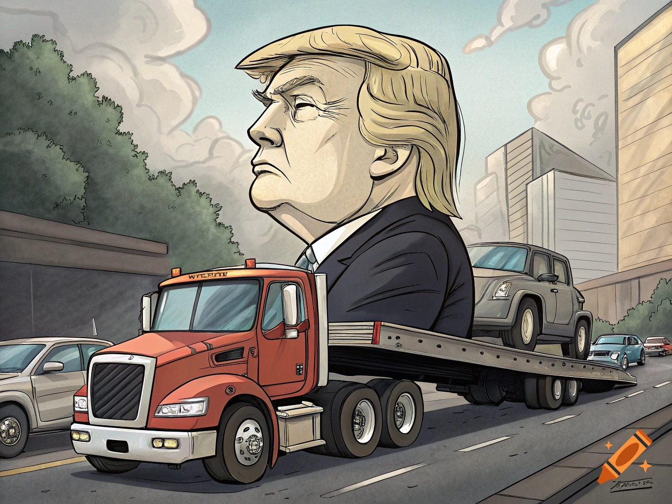 Cartoon of giant Donald Trump head on a flatbed truck in a city street