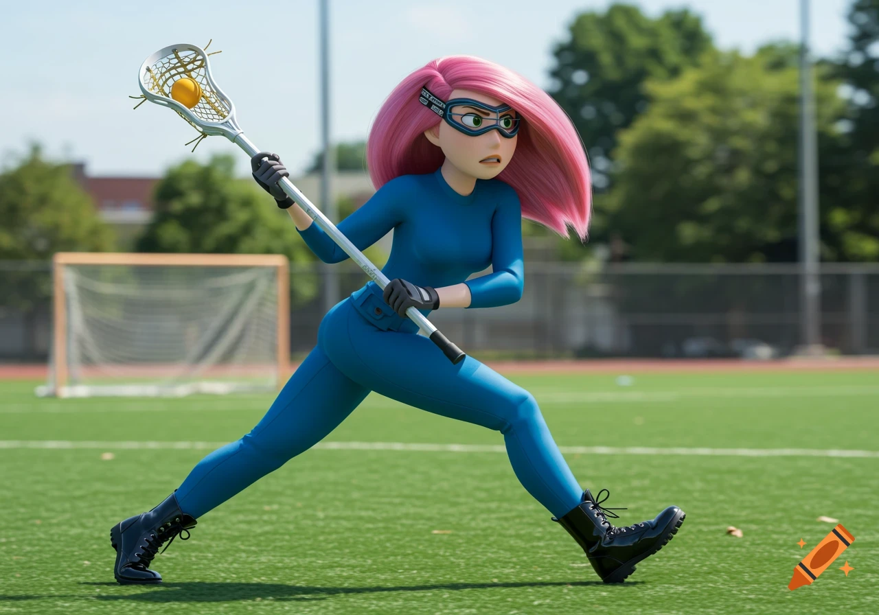 A 3D rendered cartoon character with pink hair plays lacrosse on a field