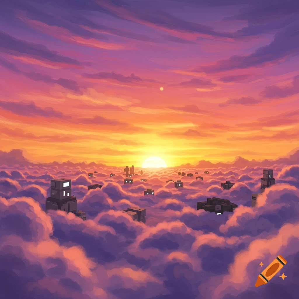 A sunset over clouds with blocky structures.