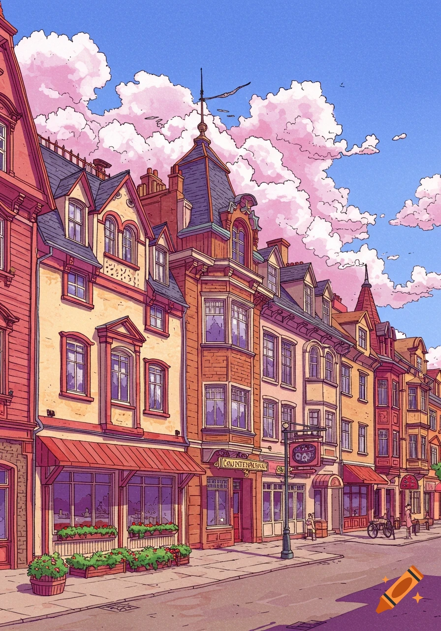 Illustration of a street lined with colorful buildings under a blue sky with pink clouds.