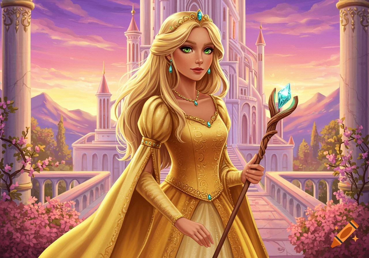 Blonde princess in a golden dress holding a staff in front of a fantasy castle.