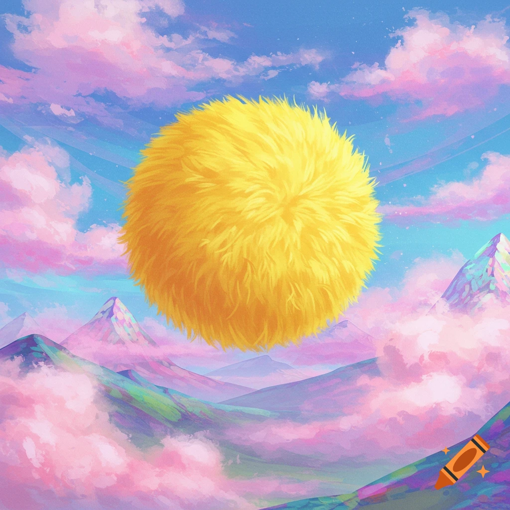 Yellow fur ball floats above colorful mountains and pink clouds.