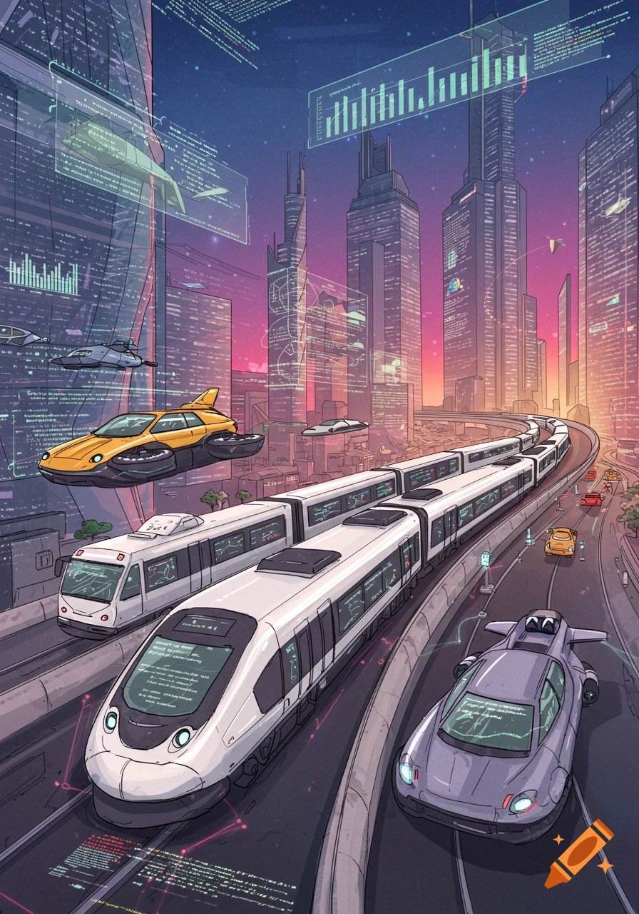 A futuristic city with trains, flying cars, and overlayed data streams and code visualizations.