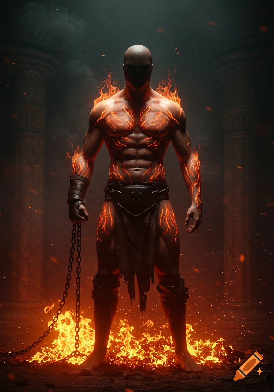 A muscular figure with fire across his body holds a chain in a dark fantasy setting.