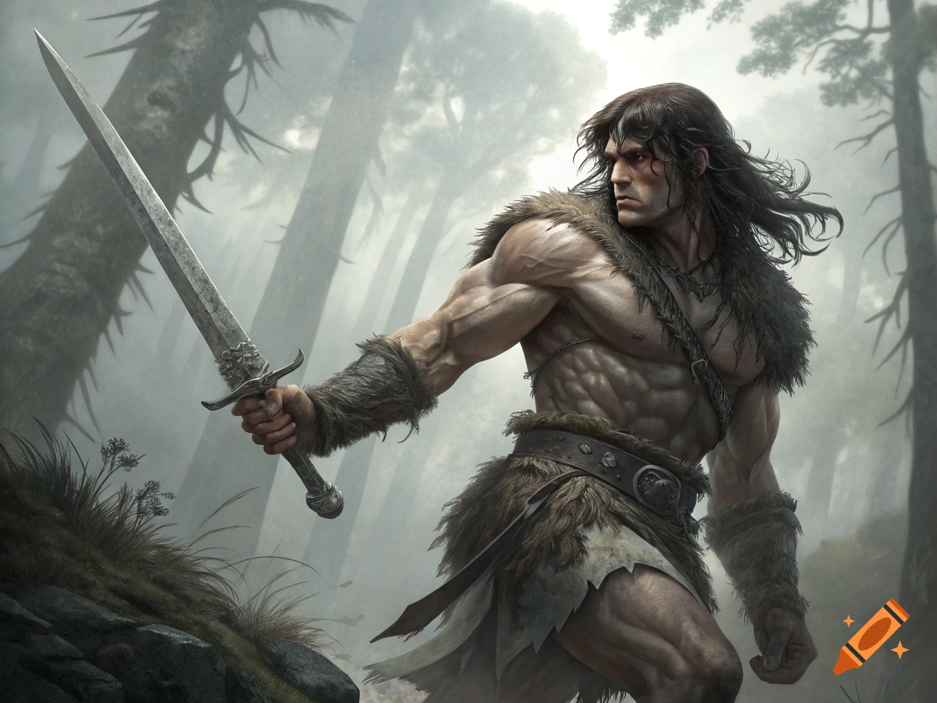 Muscular warrior with a sword in a foggy forest.