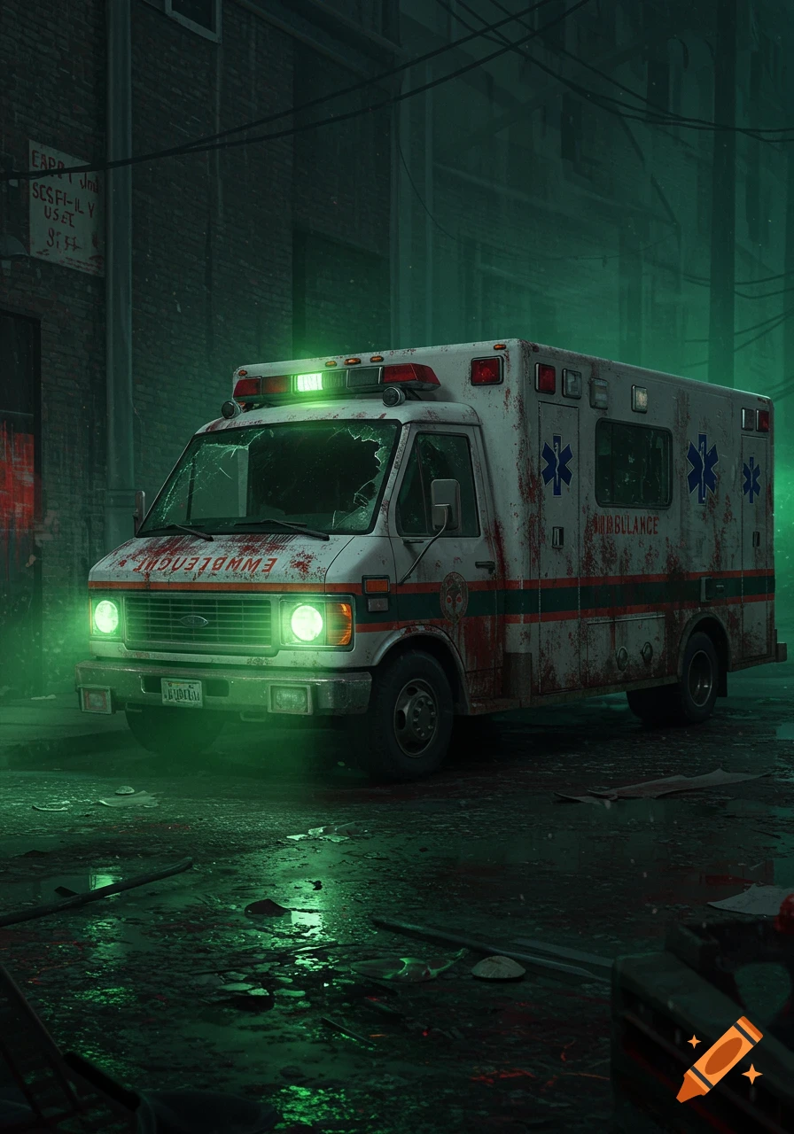 A derelict ambulance sits on a dark, wet city street with eerie green light.