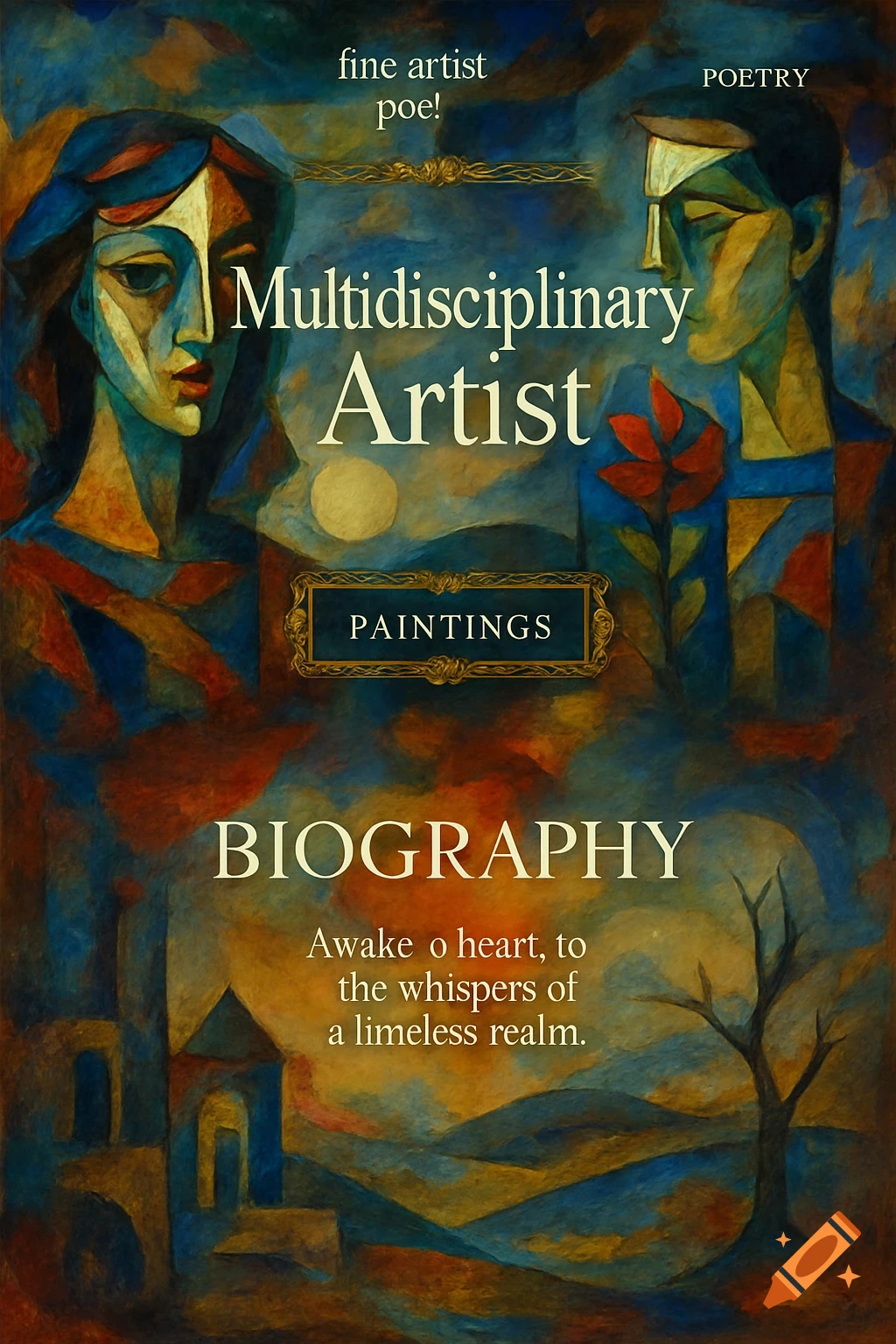 Abstract expressionist painting with stylized portraits and landscape, text overlay including "Multidisciplinary Artist", "PAINTINGS", and "BIOGRAPHY".
