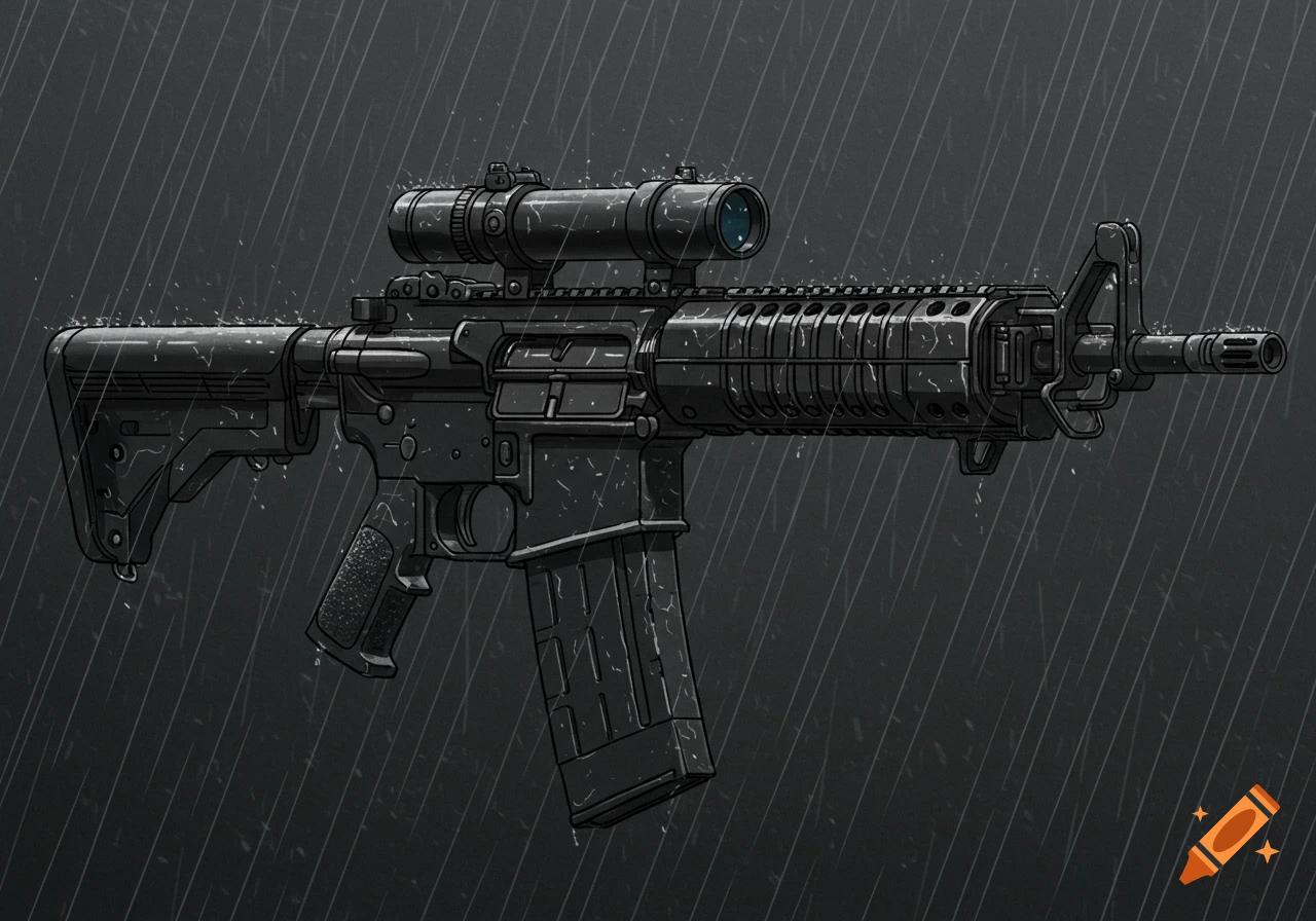 A black M4 rifle drawing in the rain.