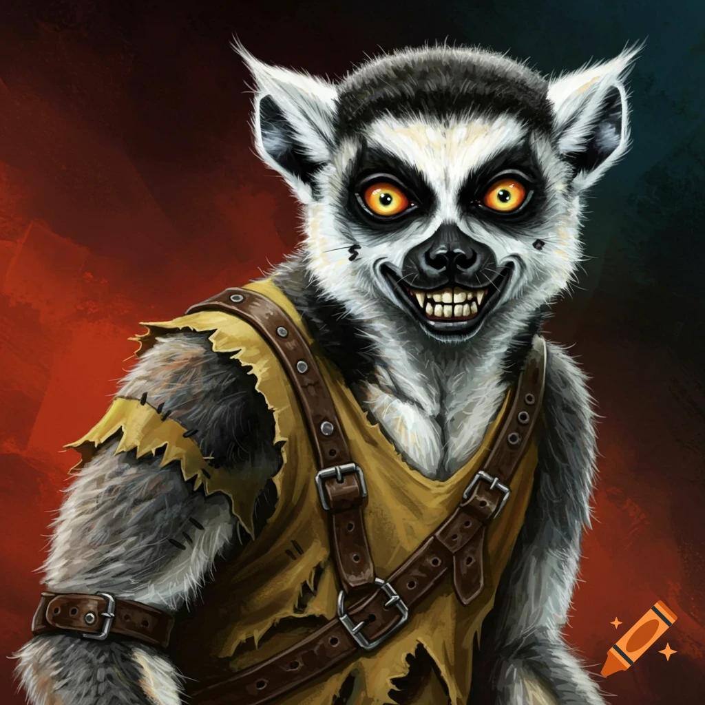 A scary ring-tailed lemur character with sharp teeth and glowing eyes.