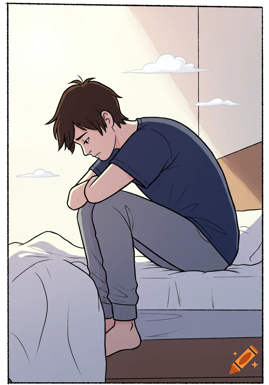 Comic style illustration of a young man sitting on the edge of a bed, looking sad.