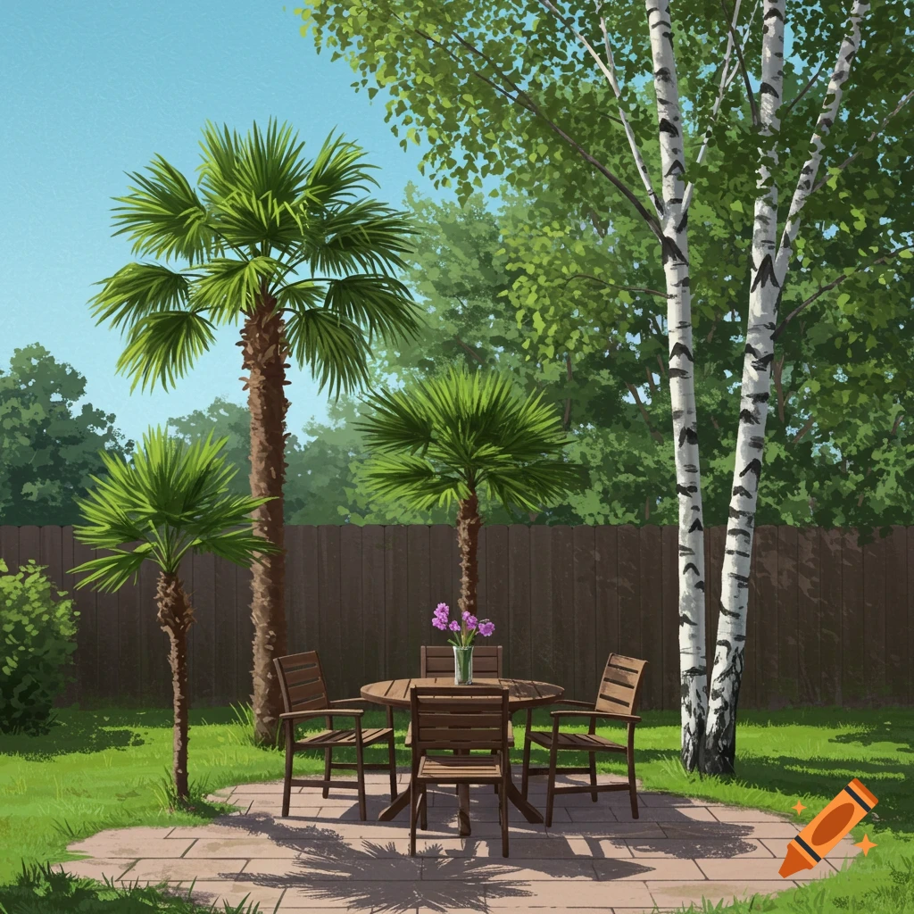 A garden patio with table, chairs, palm trees, and birch trees.