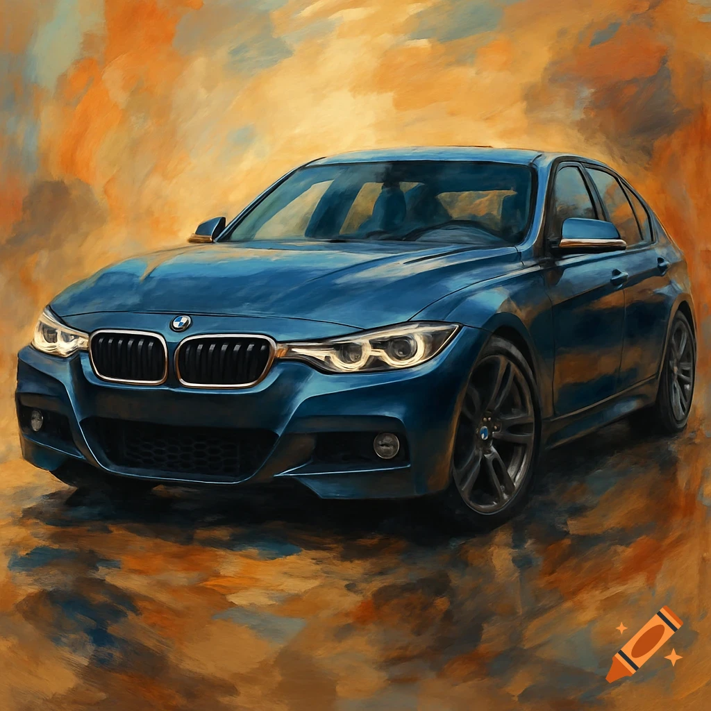 A blue BMW sedan against a painterly orange and yellow background.