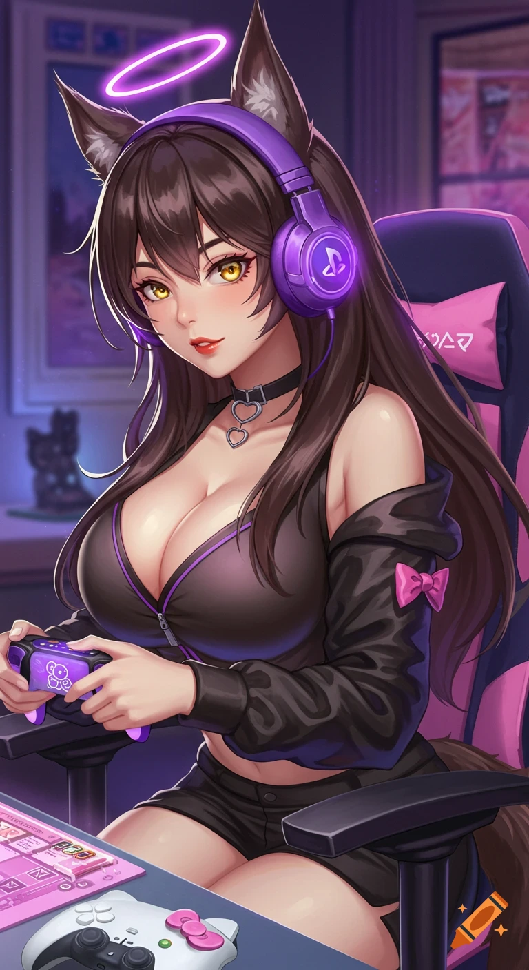 Anime wolf girl with headphones playing video games at a pink desk