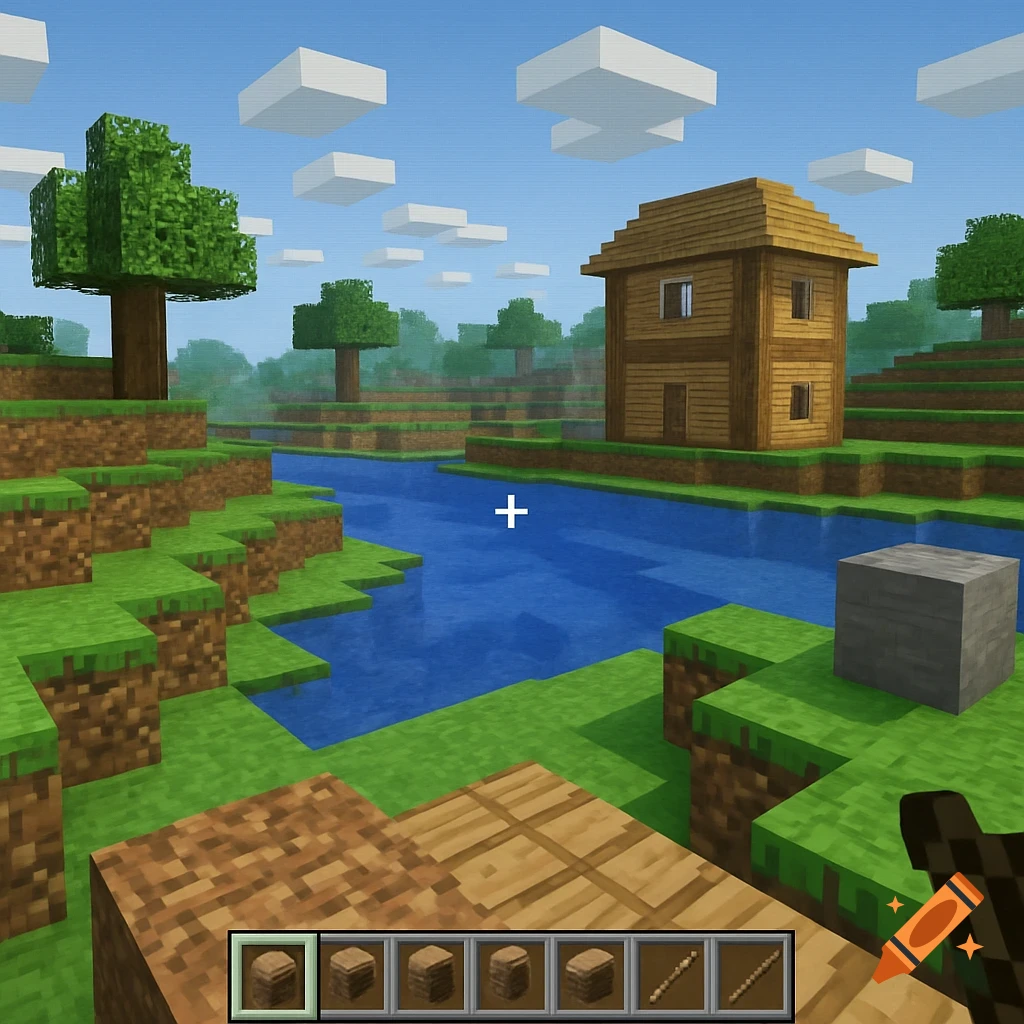 Blocky video game landscape with house, river, trees, and HUD.