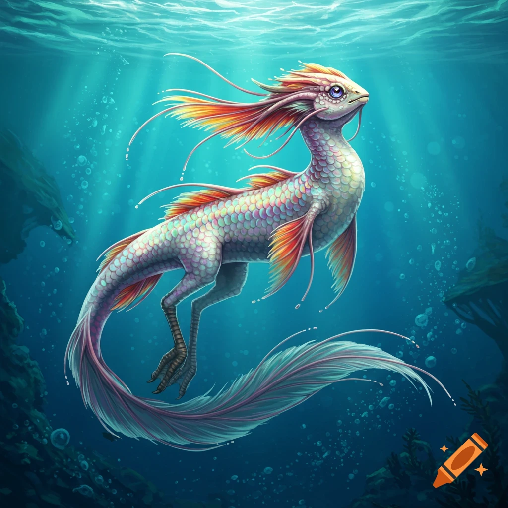 A fantasy creature with scales and fins swimming underwater.