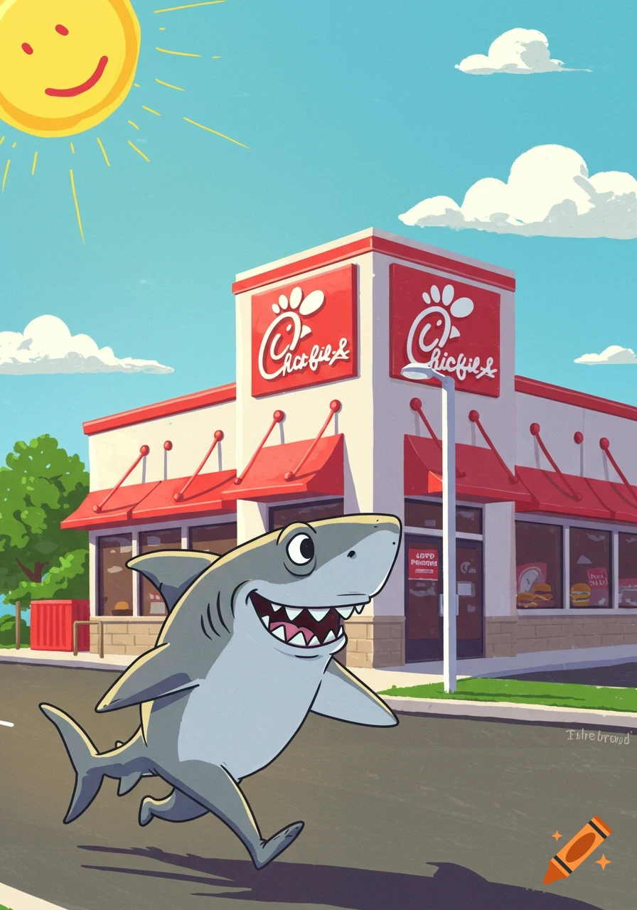 Cartoon shark walking towards a Chick-fil-A restaurant on a sunny day.