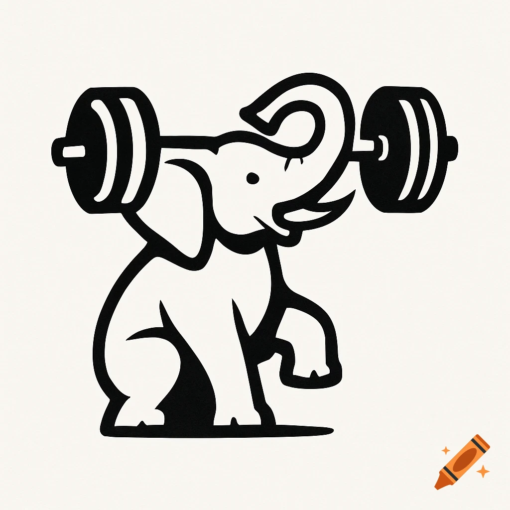 Black and white logo illustration of a seated elephant lifting a barbell with its trunk.