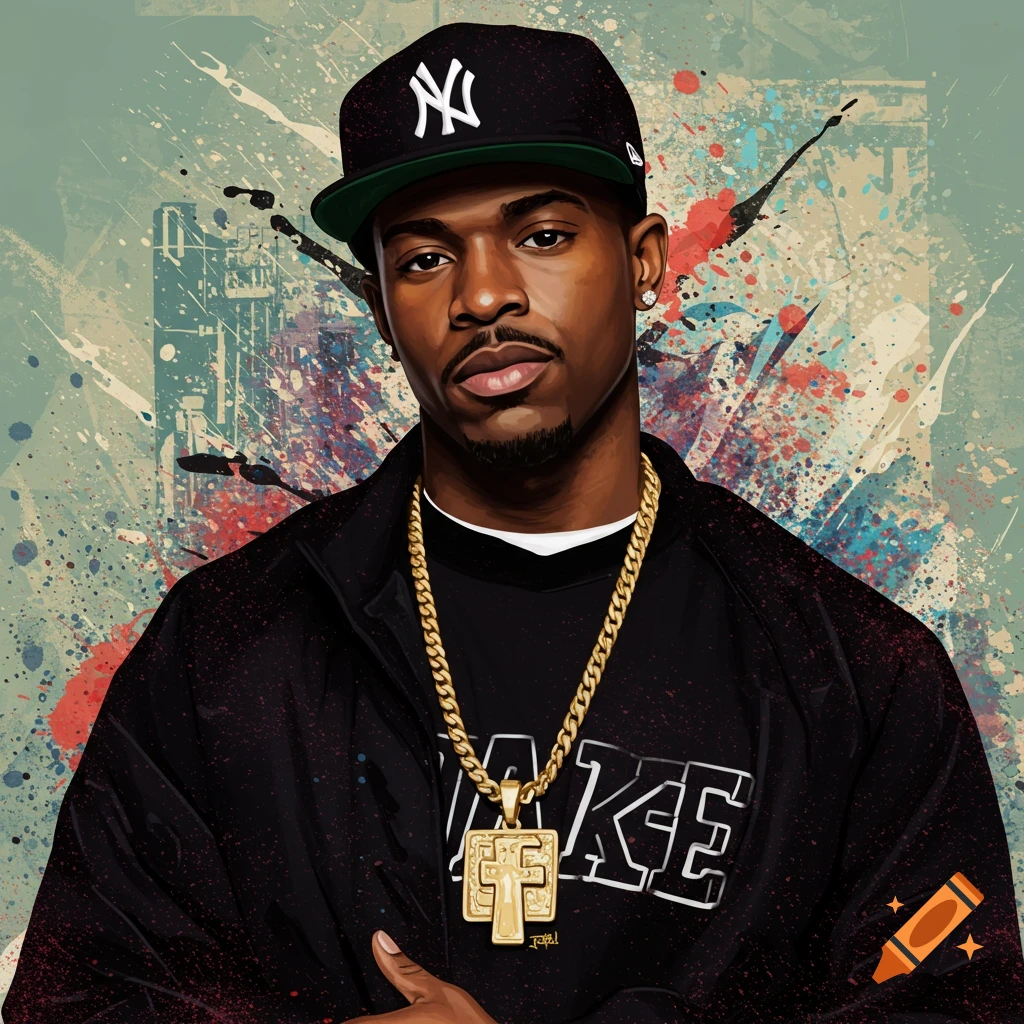 A portrait of a man wearing a baseball cap, gold chains, and a jacket against a splattered background.