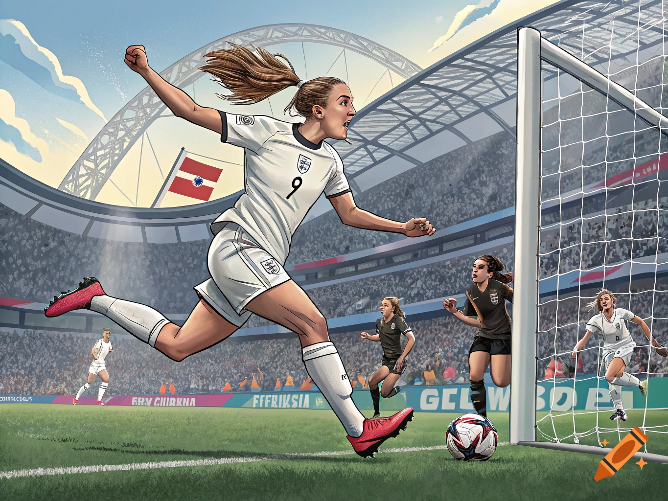 Illustration of a female soccer player kicking the ball in front of the goal during a match in a stadium.