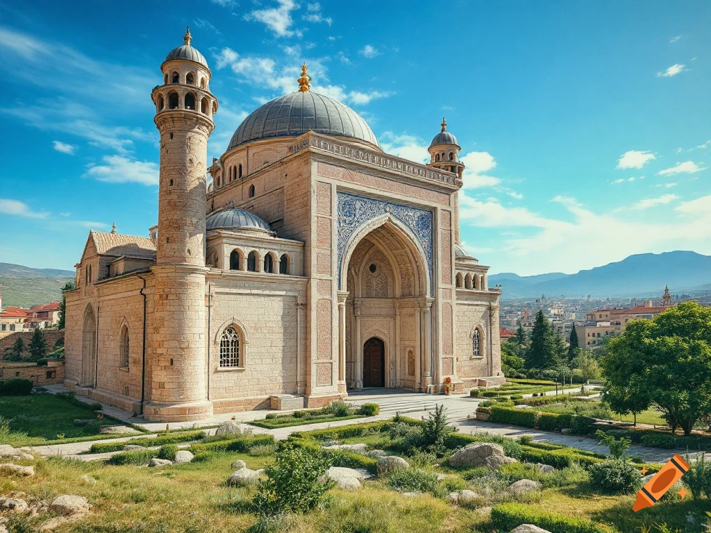 Detailed mosque-like building with domes and minarets set in a garden overlooking a city and mountains.