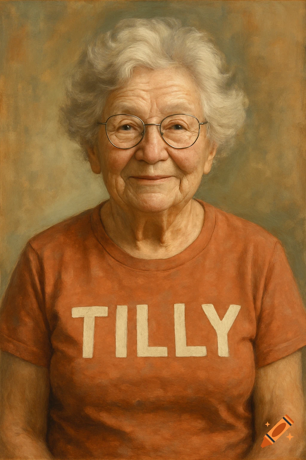 A portrait of an older woman wearing glasses and an orange t-shirt that says "TILLY".