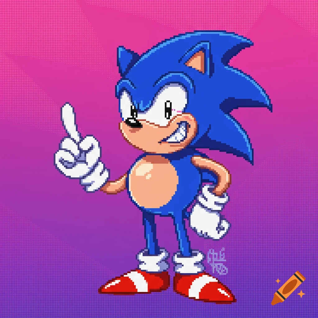 Pixel art of Sonic the Hedgehog wagging his finger.