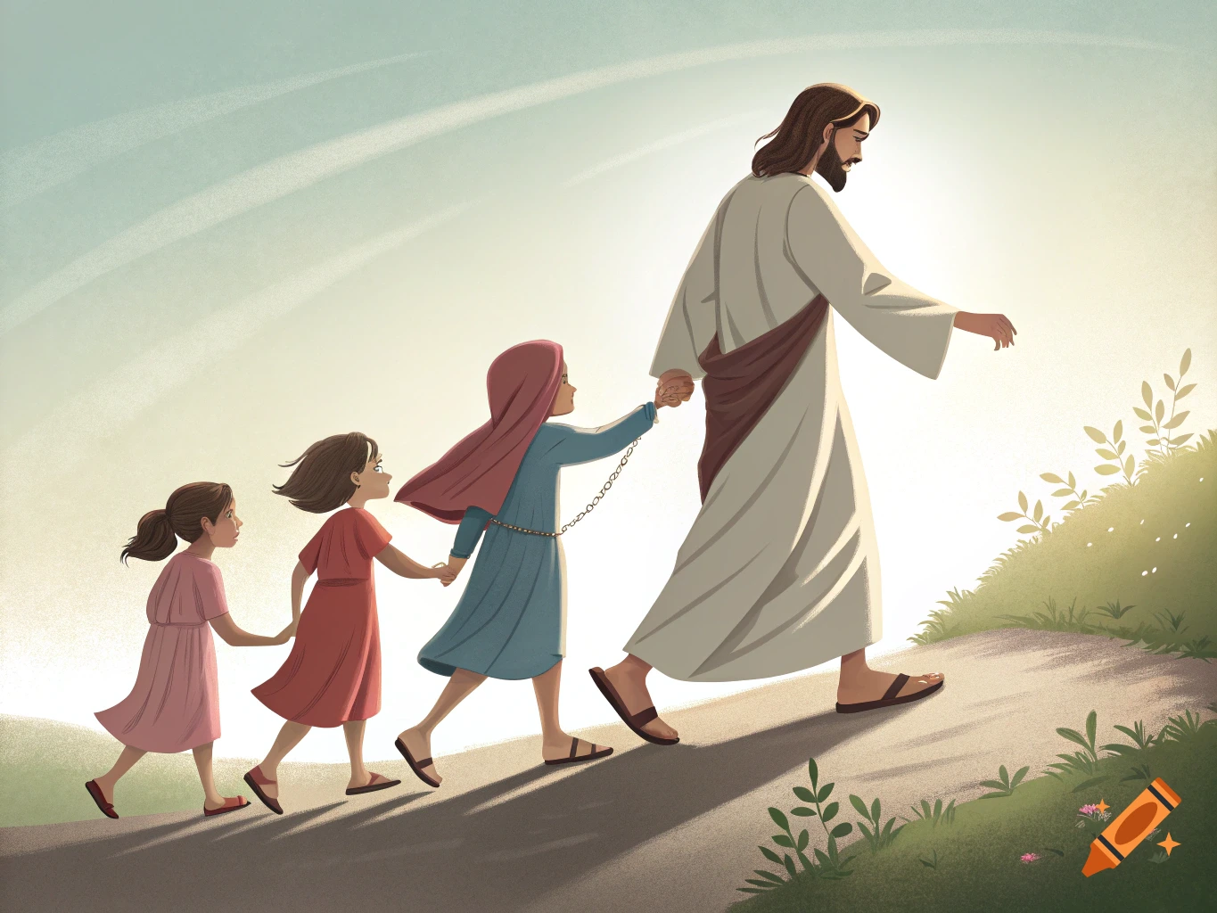 Illustration of Jesus walking uphill, holding hands with three children following him.