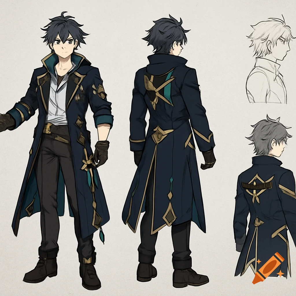 Anime character design sheet showing male character in dark coat from front and back views, with head sketches