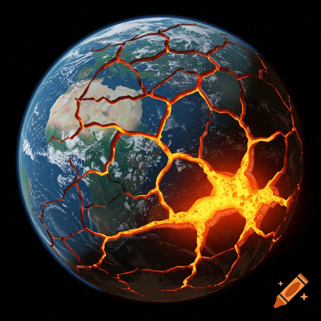 Earth cracked open with glowing lava viewed from space.