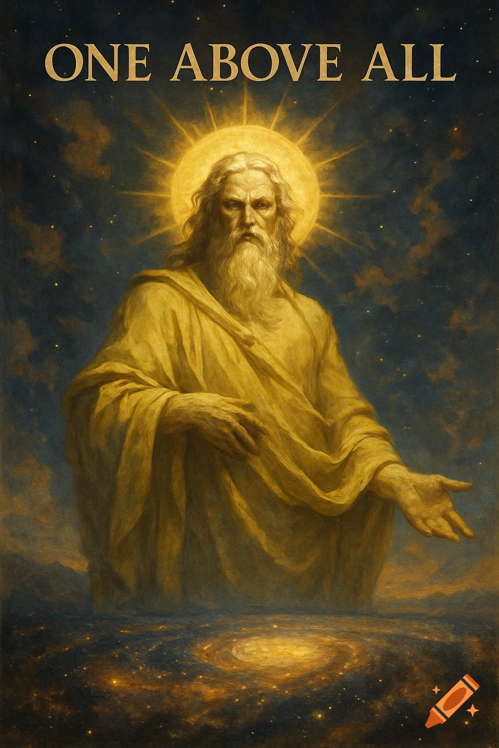 A god-like entity in golden robes is depicted above a galaxy, with the text 'ONE ABOVE ALL'.