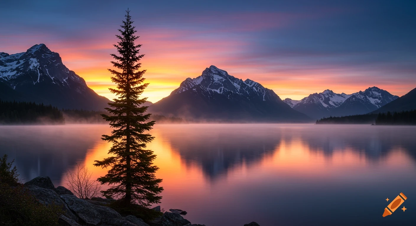 Sunrise over a lake with snow-capped mountains and a pine tree in the foreground.