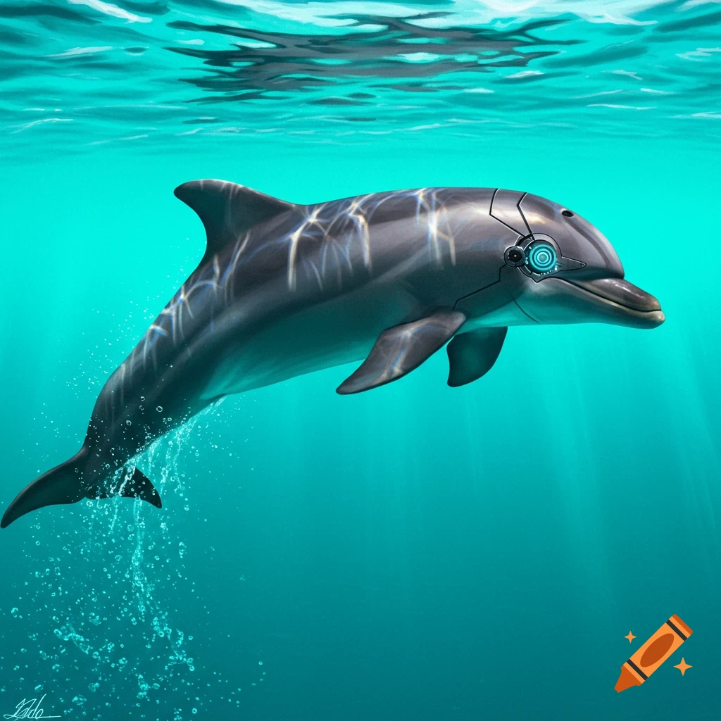 A dolphin with a cyborg eye swimming underwater.