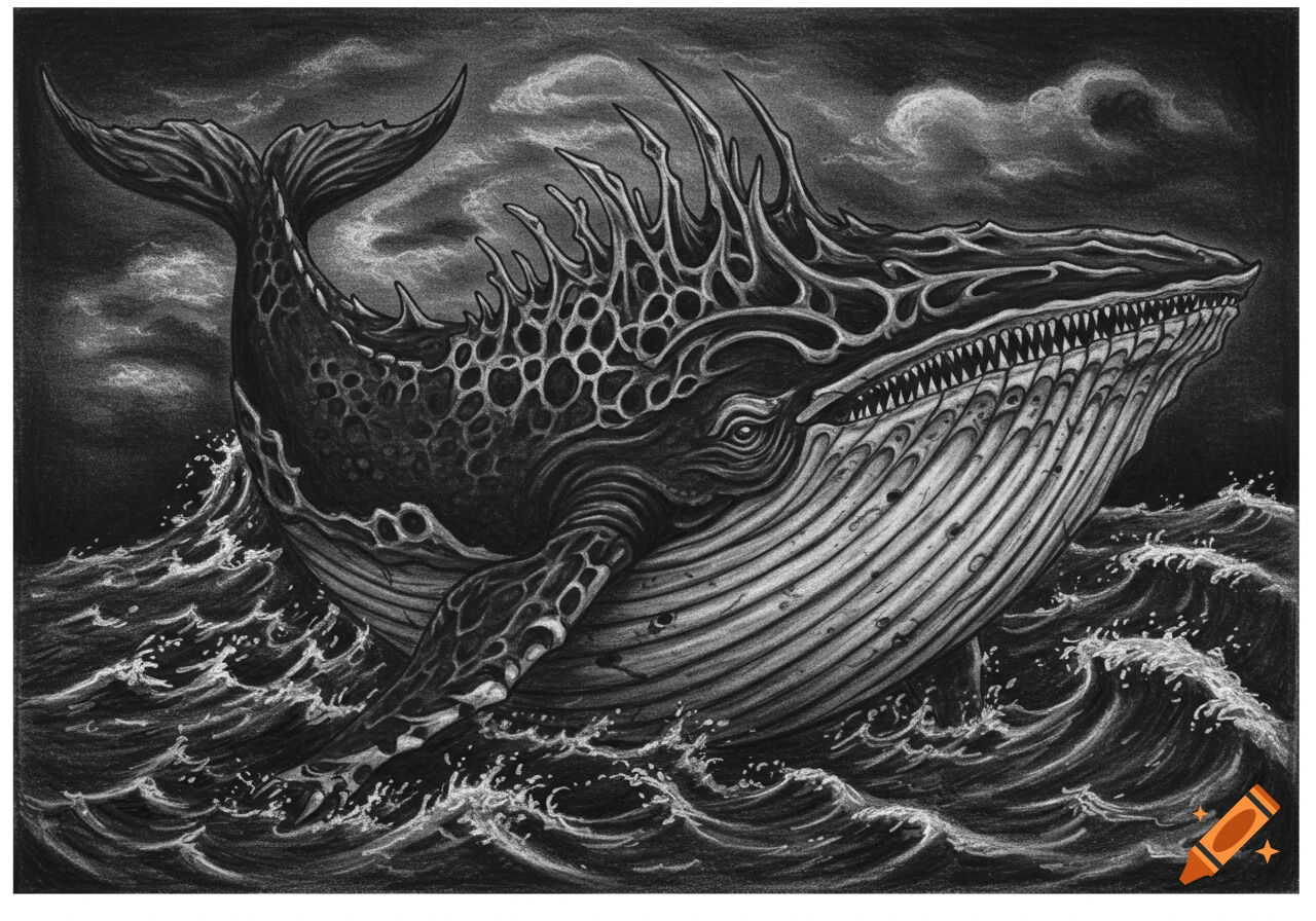 Gothic drawing of a whale surfacing in stormy seas.