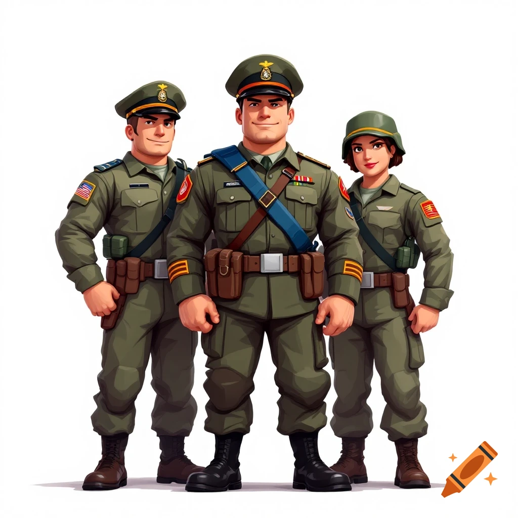 Cartoon illustration of three soldiers in uniform