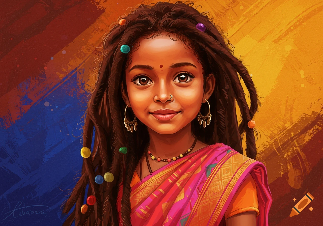A young girl with dreadlocks and traditional Indian clothing.