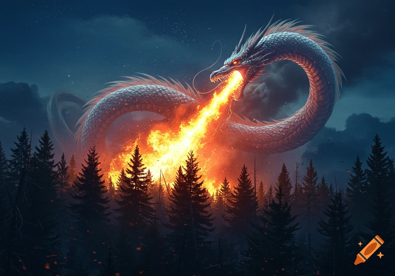 An illustrative image of a large dragon breathing fire over a dark pine forest at night.