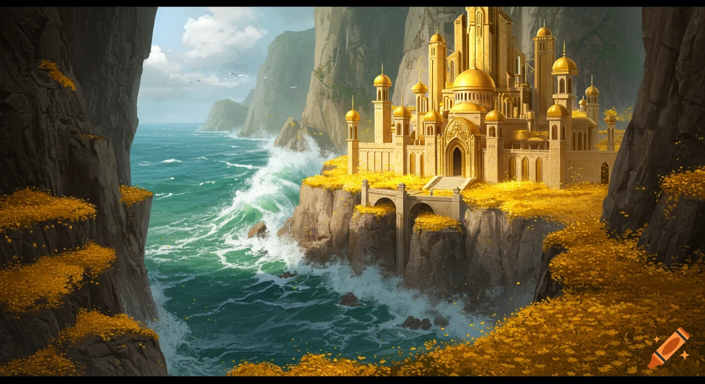 A golden palace stands on cliffs overlooking a raging ocean, surrounded by golden flowers.