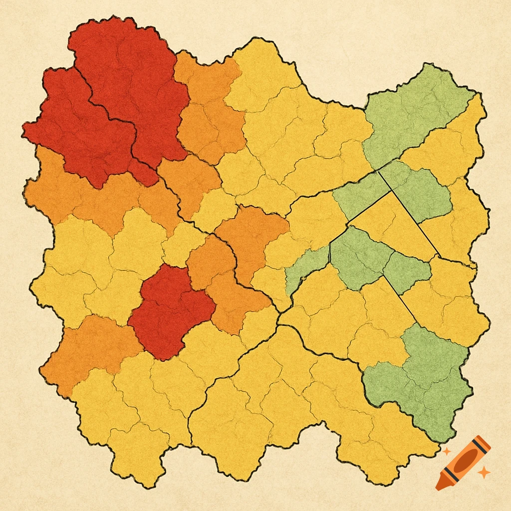 A map with regions colored red, orange, yellow, and green, depicting different risk levels.