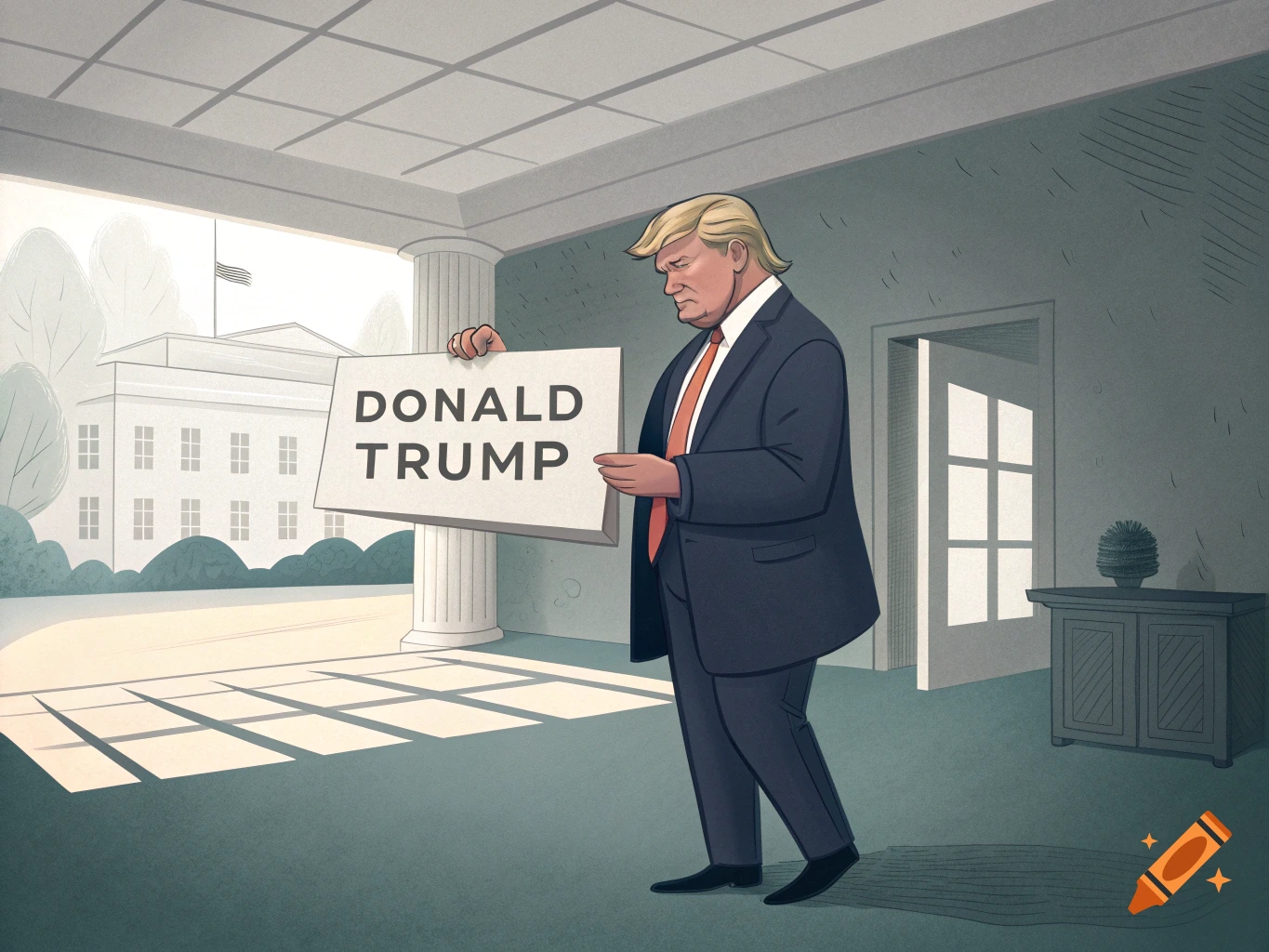 Illustration of Donald Trump holding a sign with his name near the White House entrance.