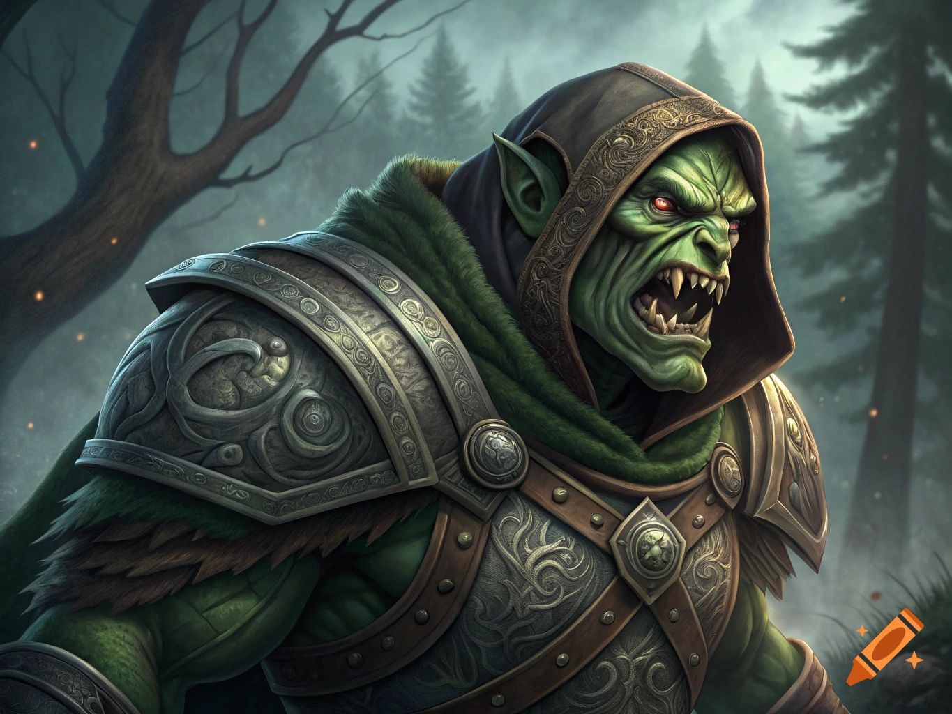 Close-up of a green fantasy creature with fangs and armor in a forest.