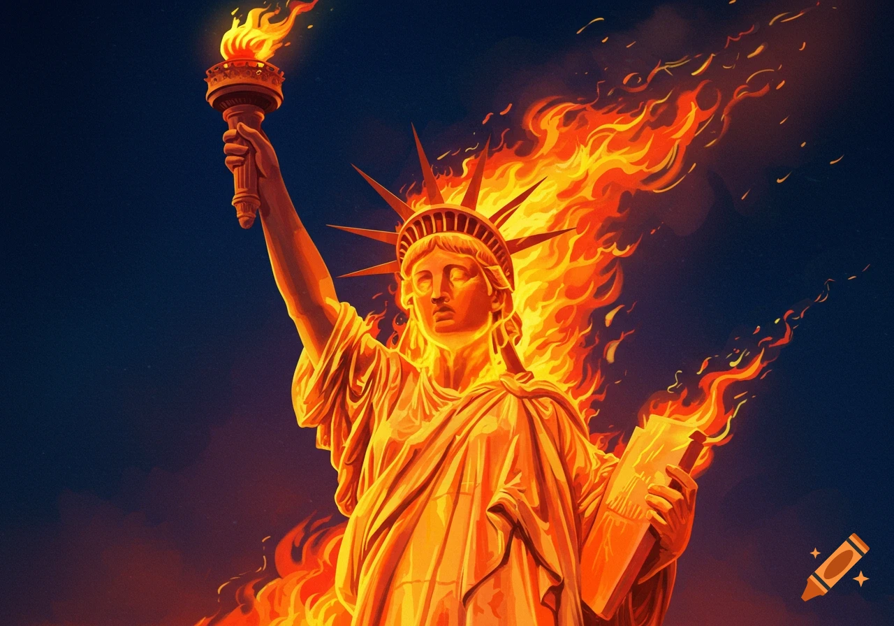 The Statue of Liberty is engulfed in flames against a dark sky.