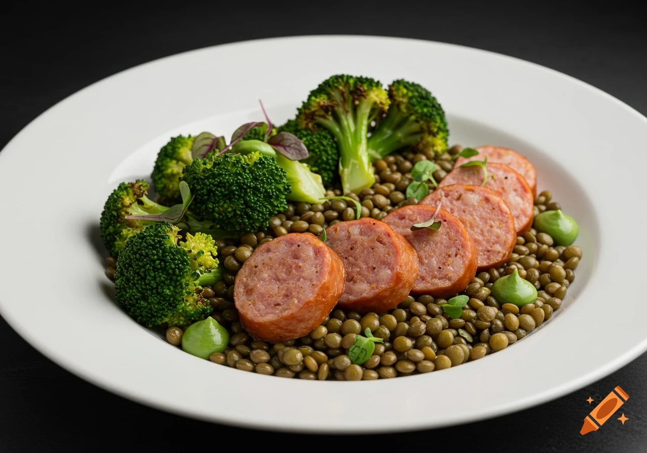 Plated meal of sliced sausage, lentils, and broccoli.