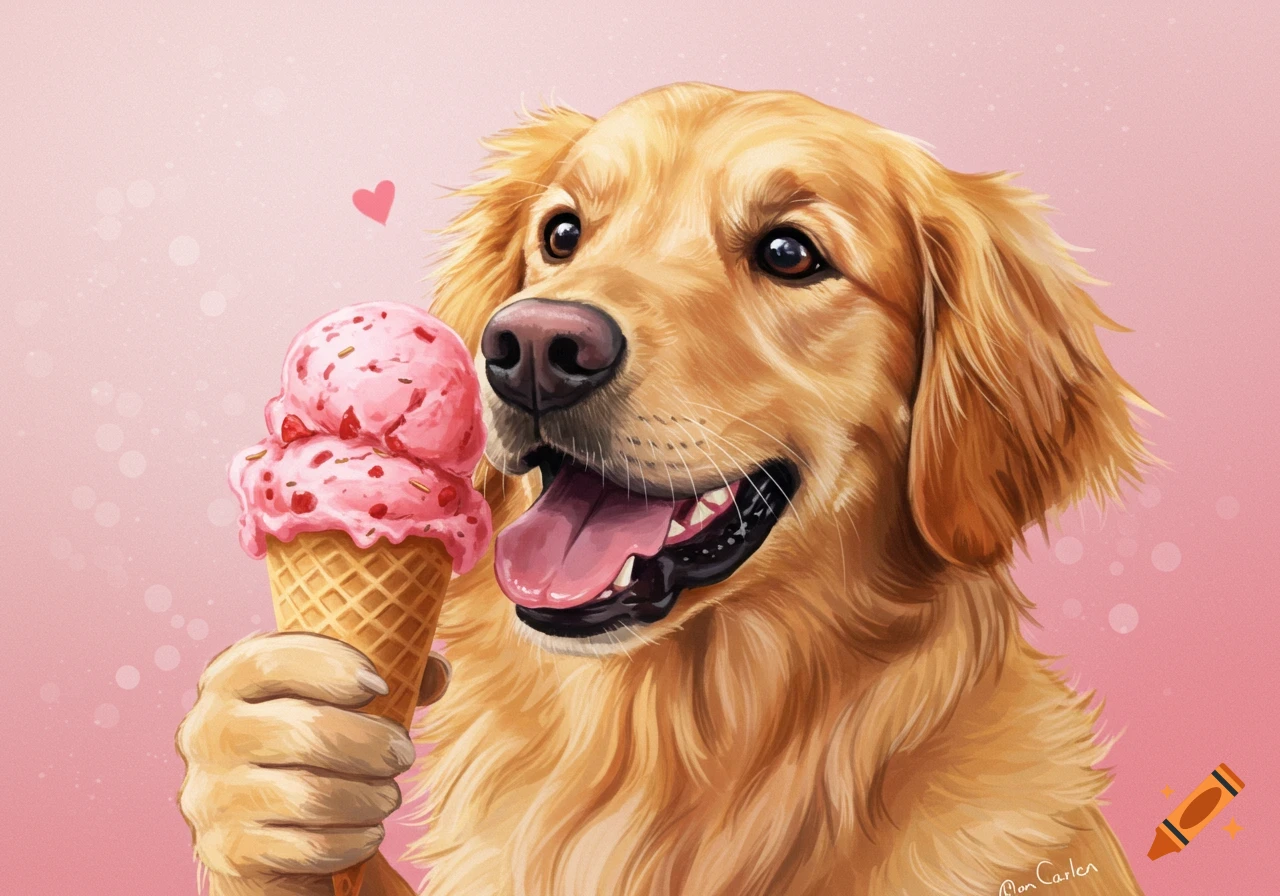 A golden retriever holding an ice cream cone.