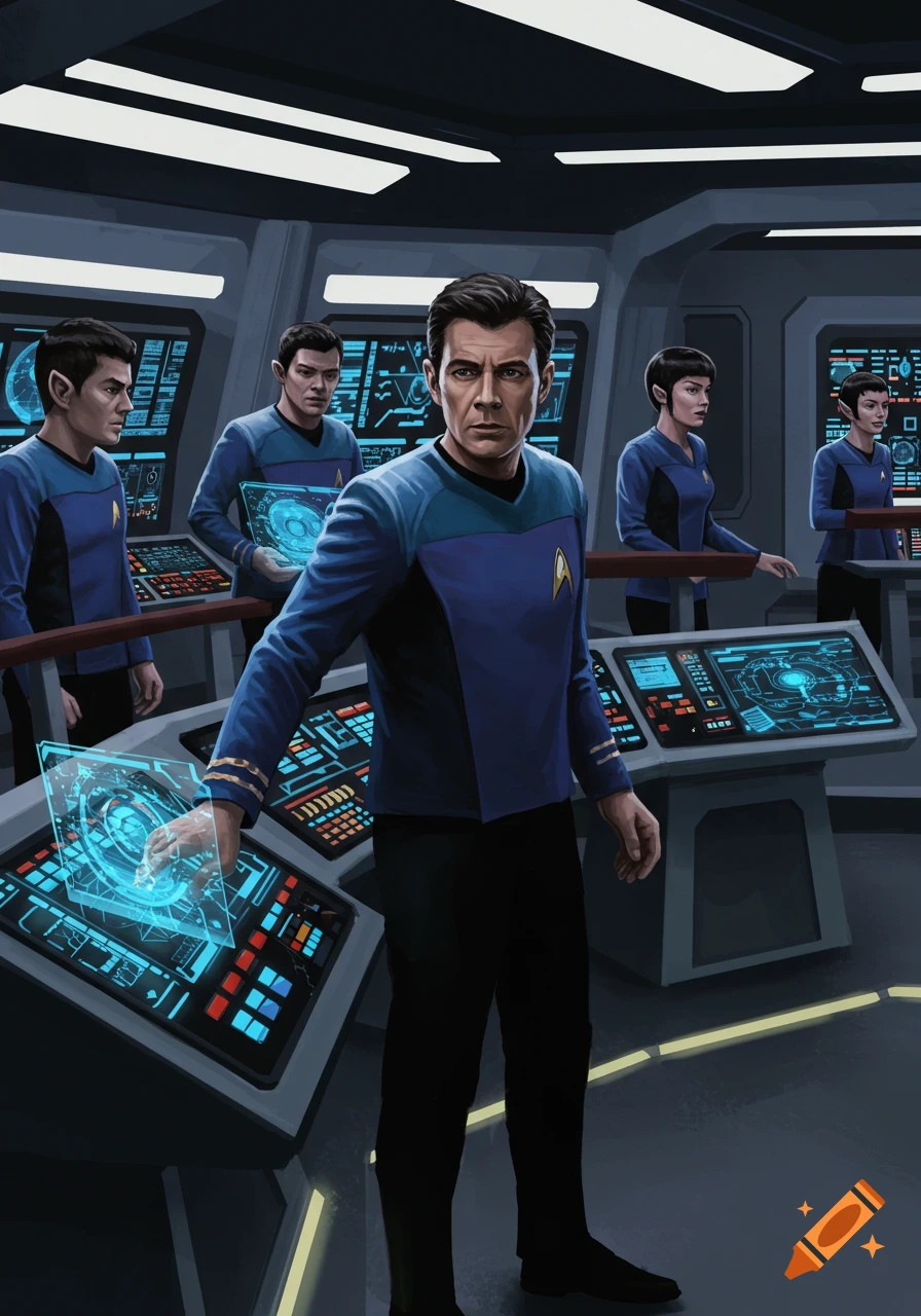 Characters in blue Starfleet uniforms on a spaceship bridge, interacting with holographic displays.