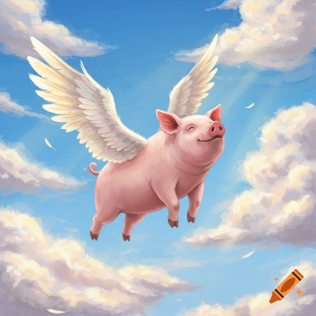 A pink pig with white wings flies through a blue sky filled with clouds.