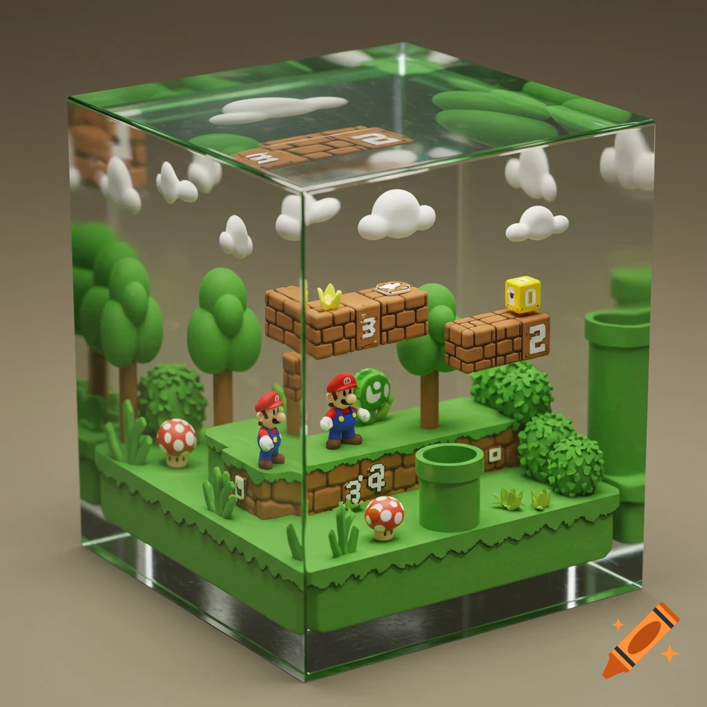 A detailed diorama of a Super Mario Bros. 3 level with Mario and Luigi inside a glass cube.
